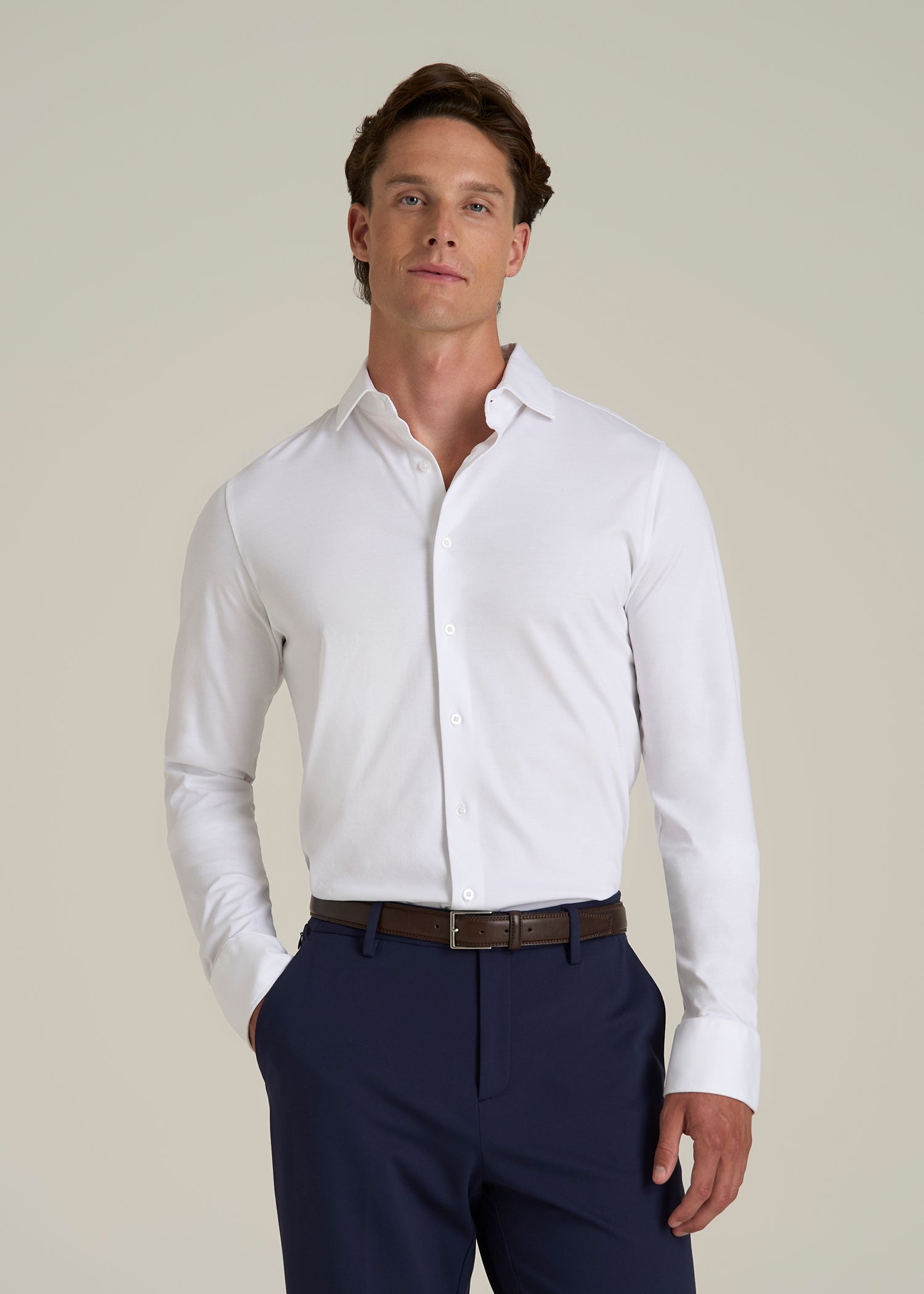 Stretch Jersey Dress Shirt for Tall Men in Optic White