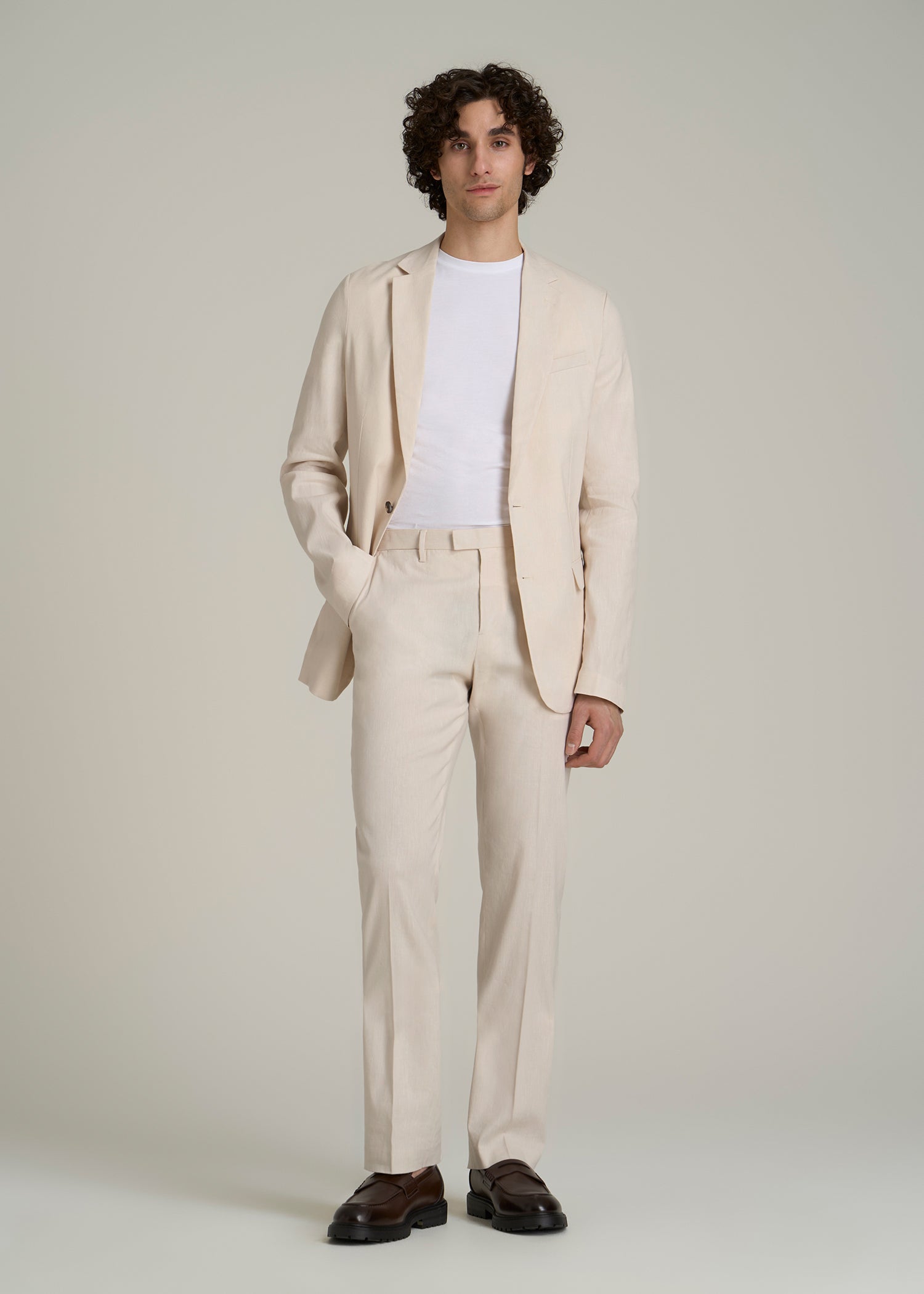 Stretch Linen Blazer for Tall Men in Light Beige Linen