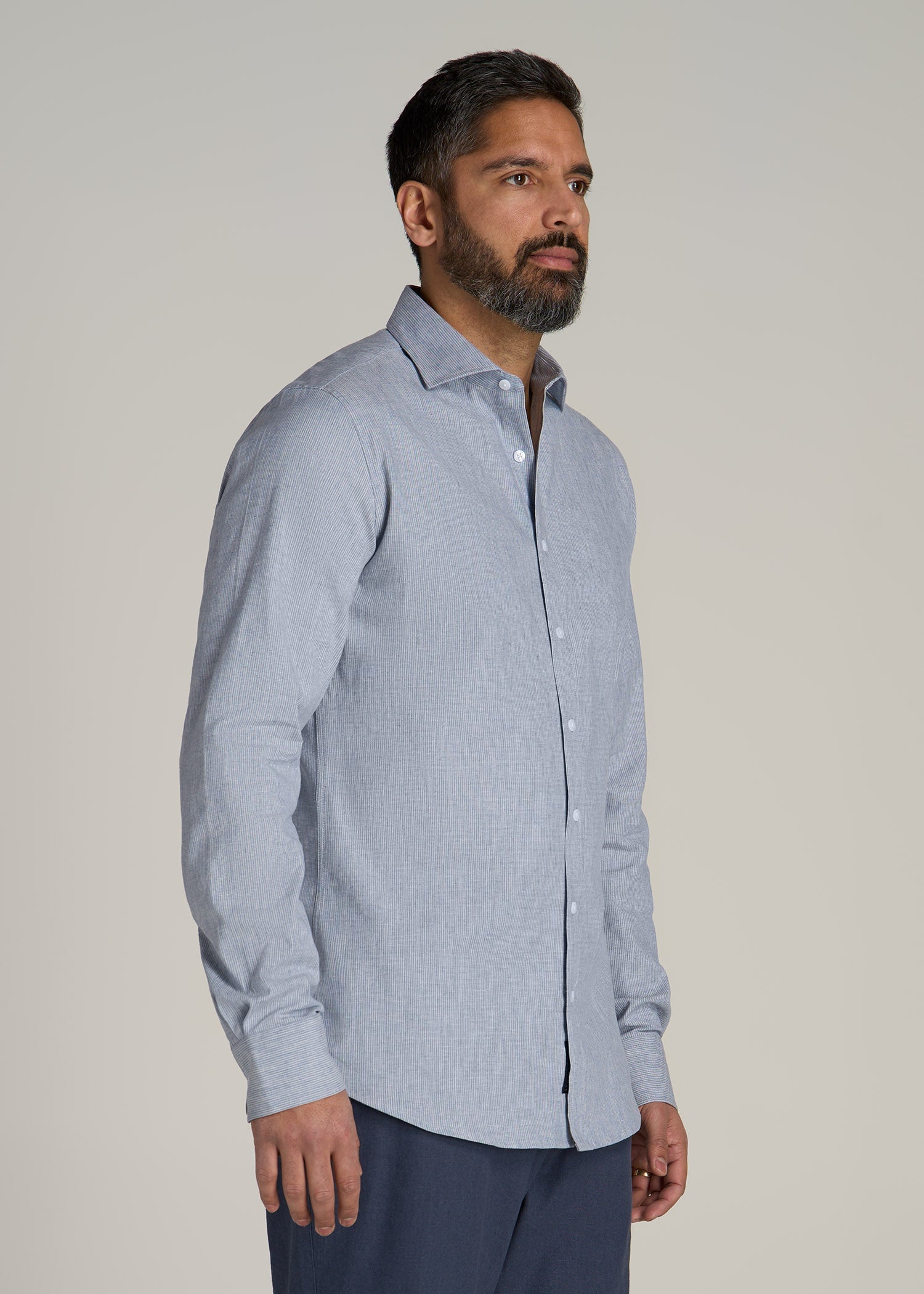 Stretch Linen Dress Shirt for Tall Men in Blue and White Pinstripe