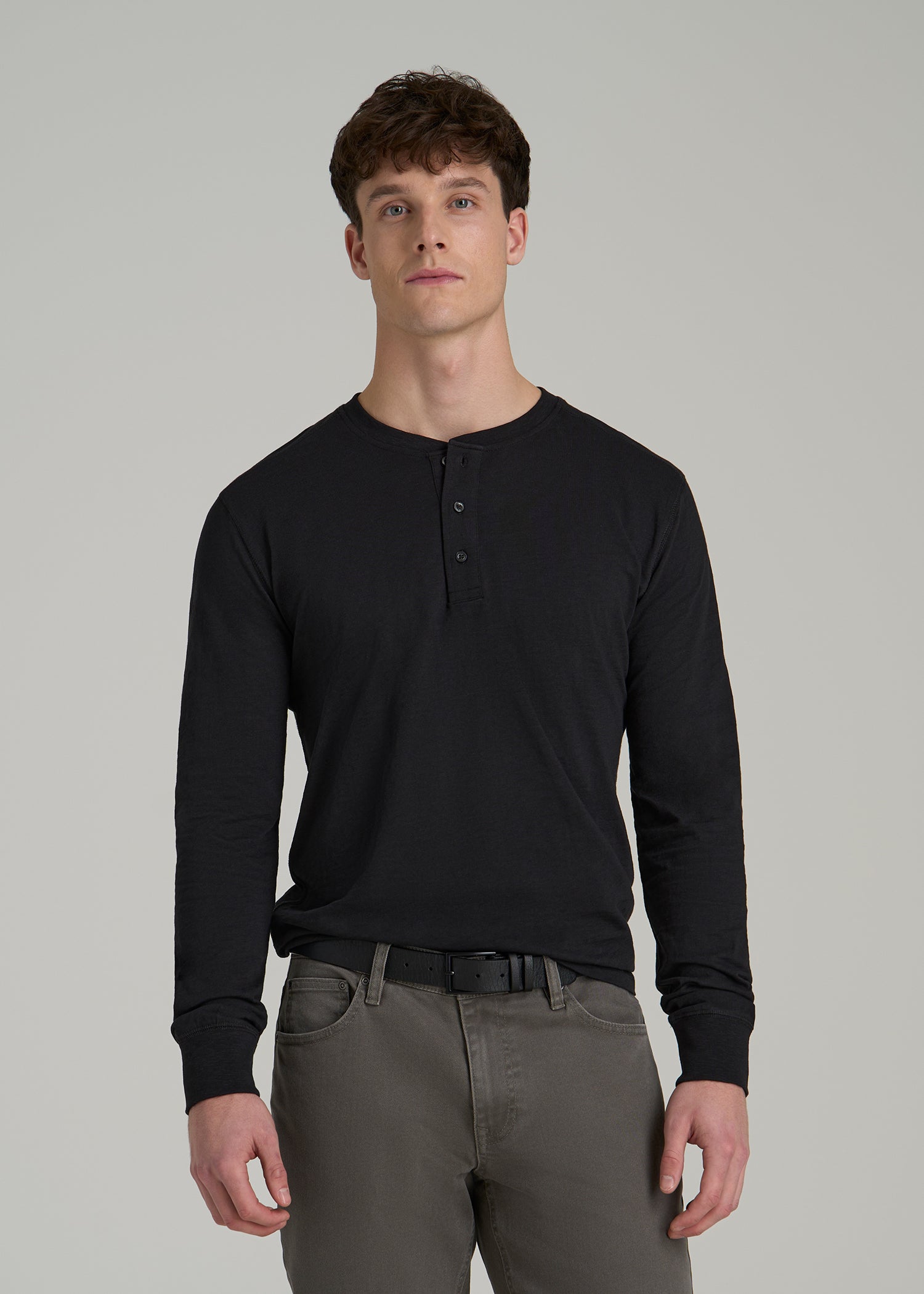 Three-Button Long Sleeve Slub Henley for Tall Men in Black