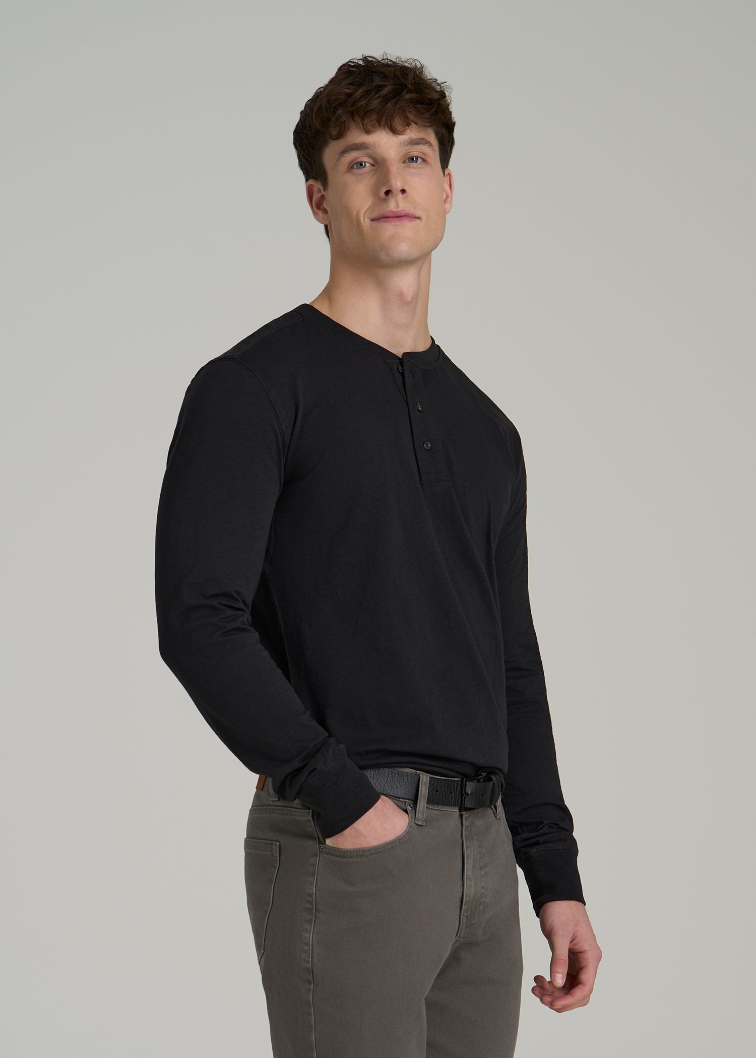 Three-Button Long Sleeve Slub Henley for Tall Men in Black