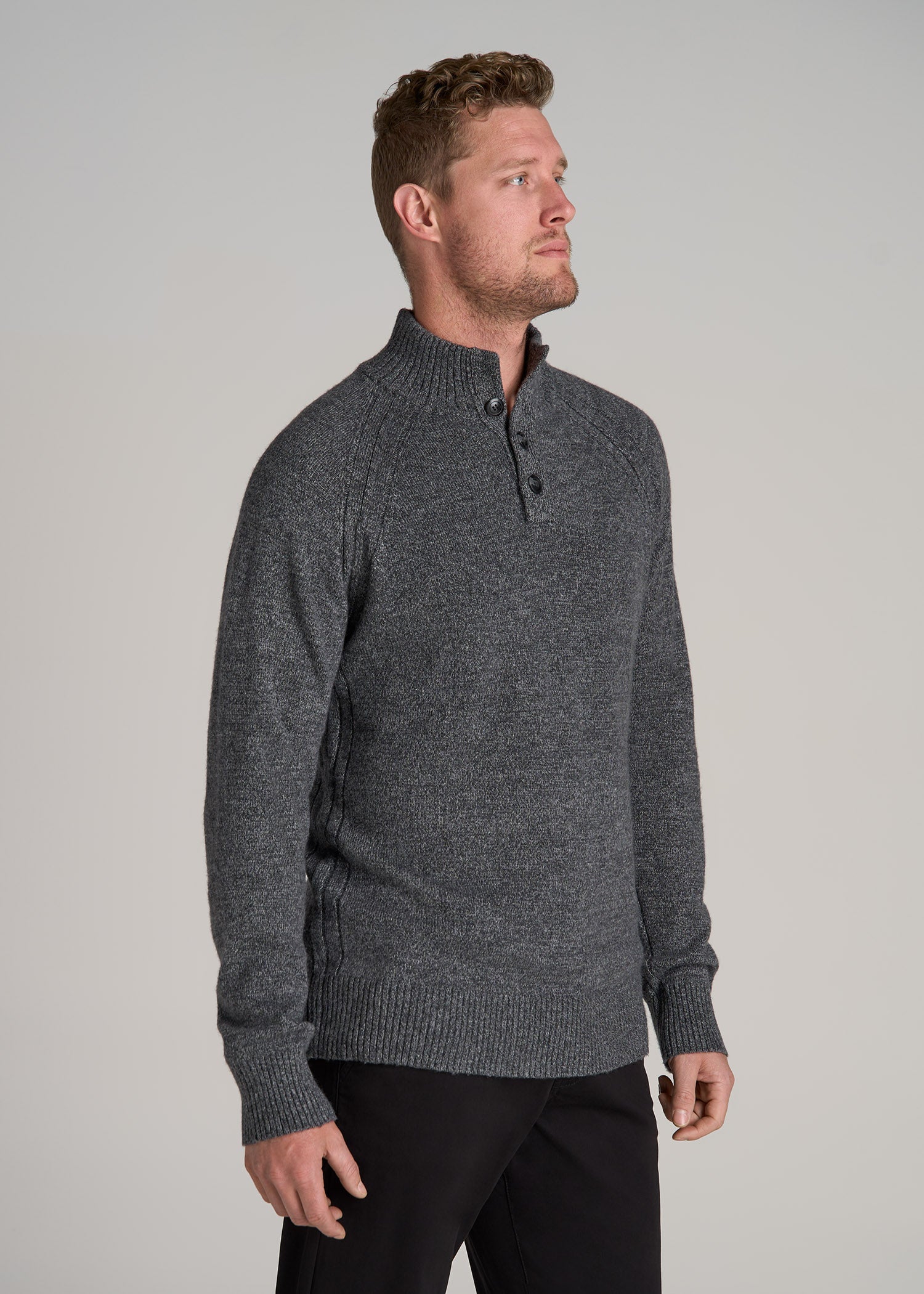 Three-Button Mock Neck Sweater for Tall Men in Grey Marl