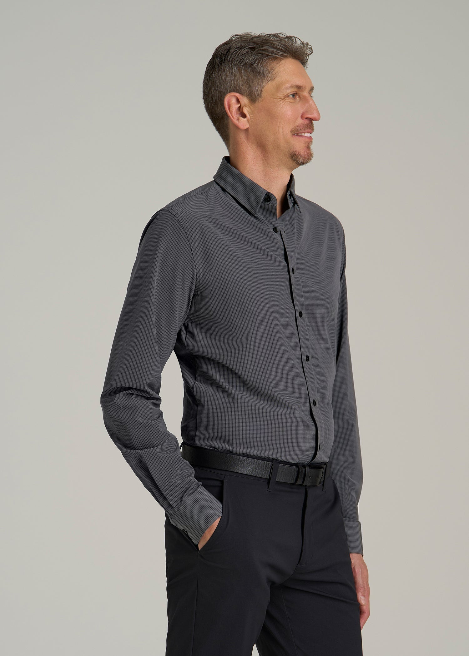 Traveler Stretch Dress Shirt in Charcoal Micro Check