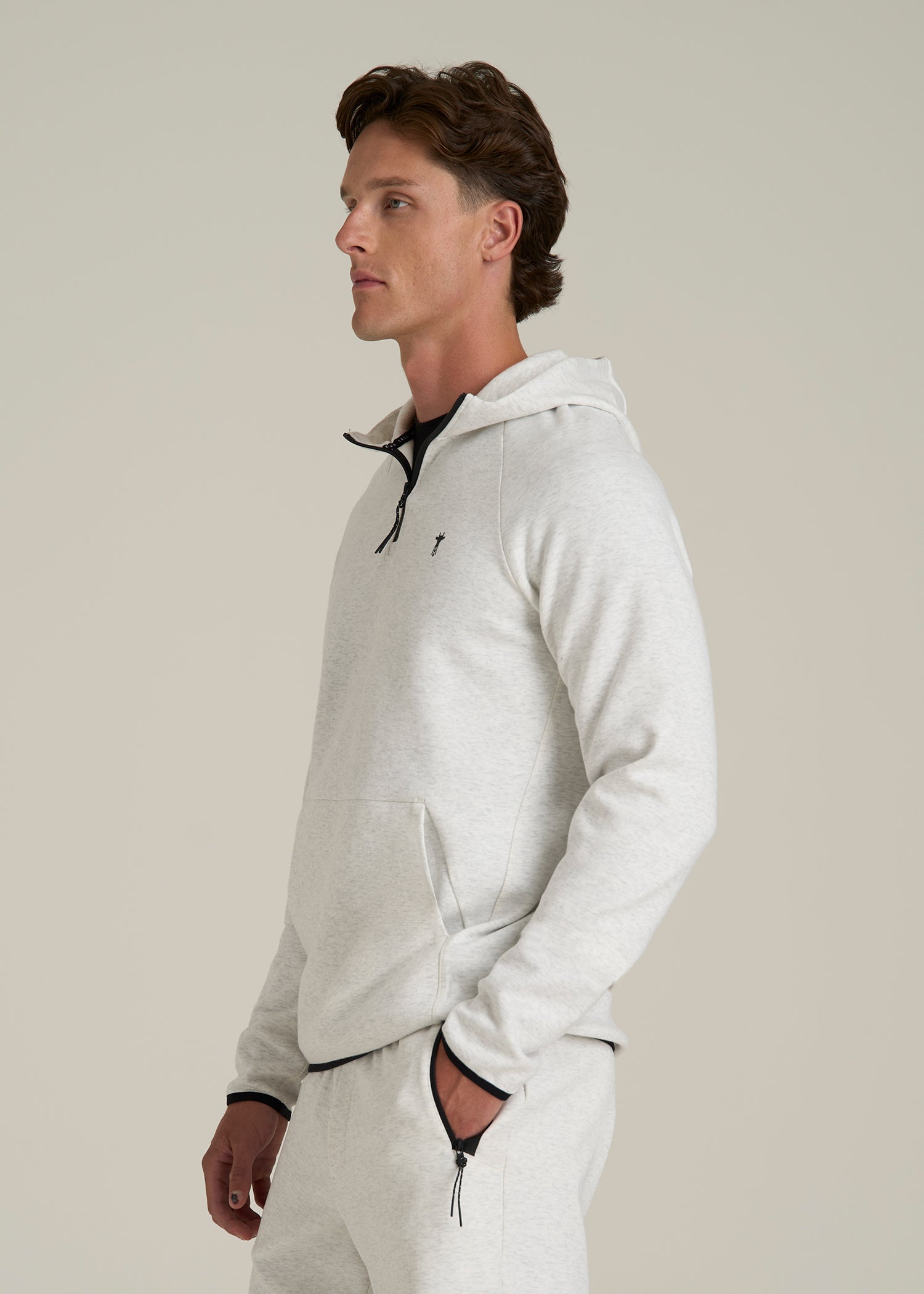 Tech Motion Fleece Hooded Popover for Tall Men in Heather Frost