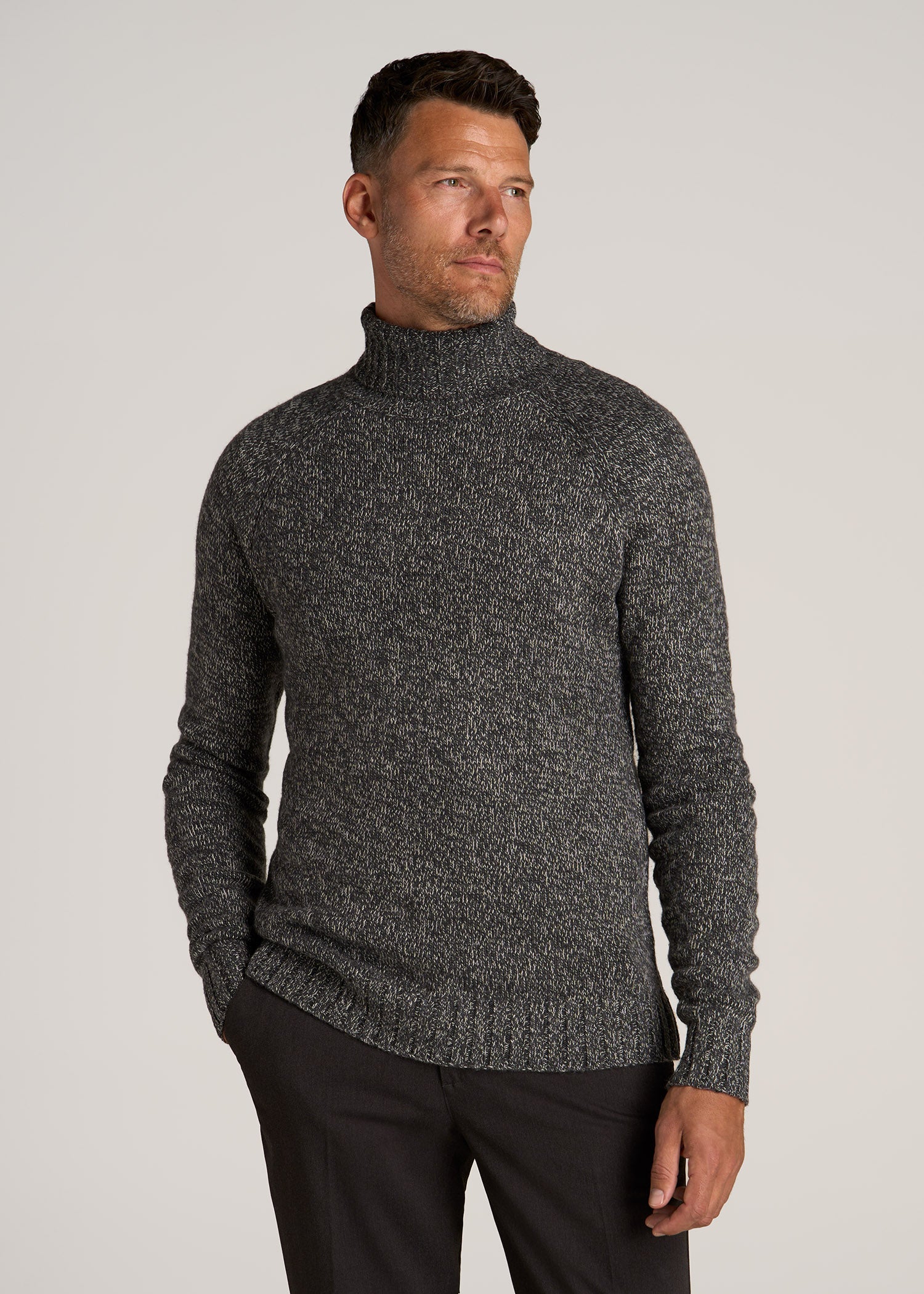 Wool Blend Marled Turtleneck for Tall Men in Charcoal Multi