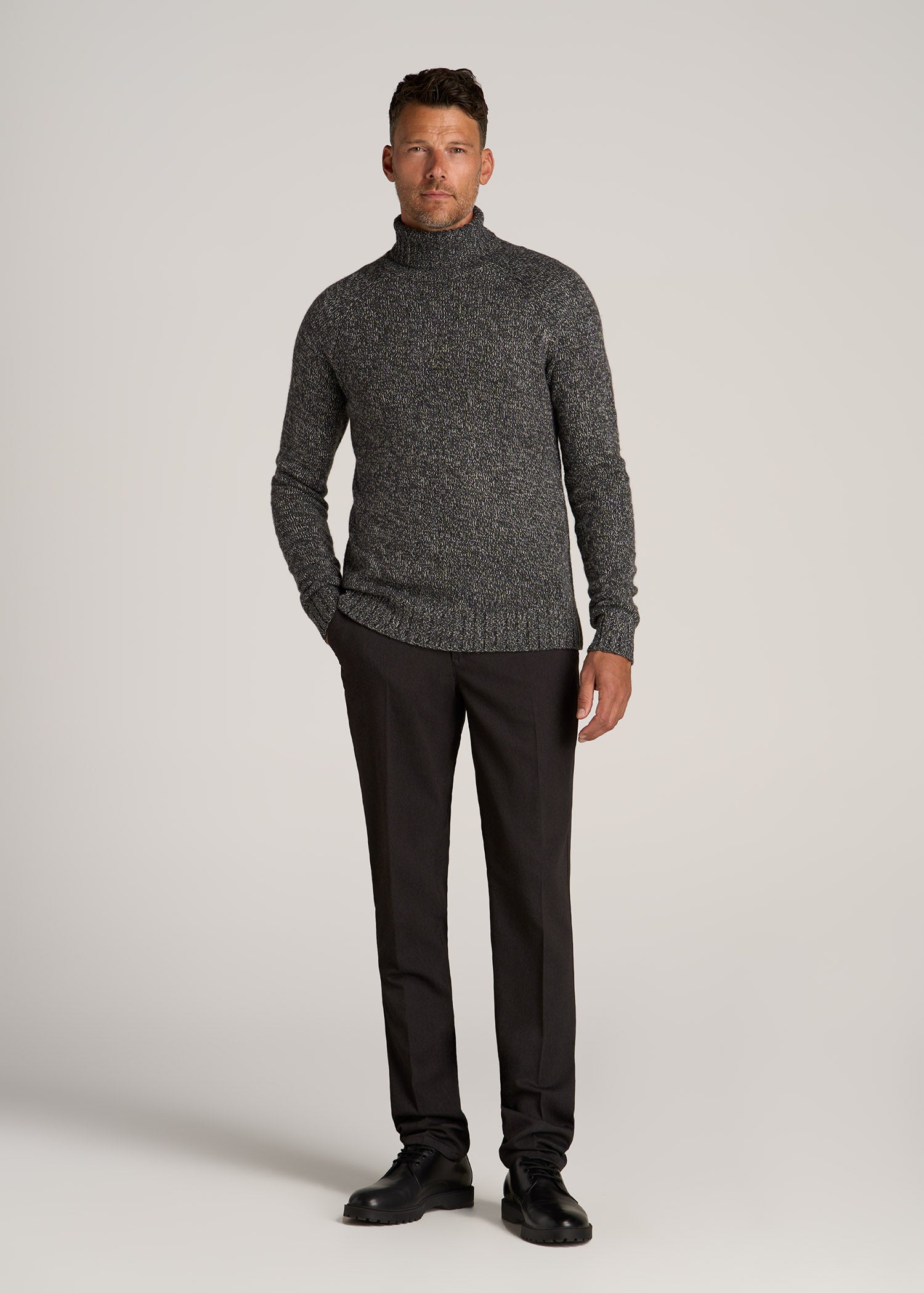 Wool Blend Marled Turtleneck for Tall Men in Charcoal Multi