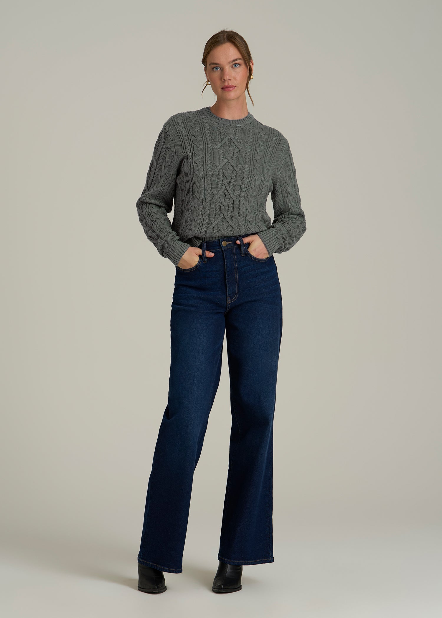Cotton Crewneck Sweater for Tall Women in Balsam Green