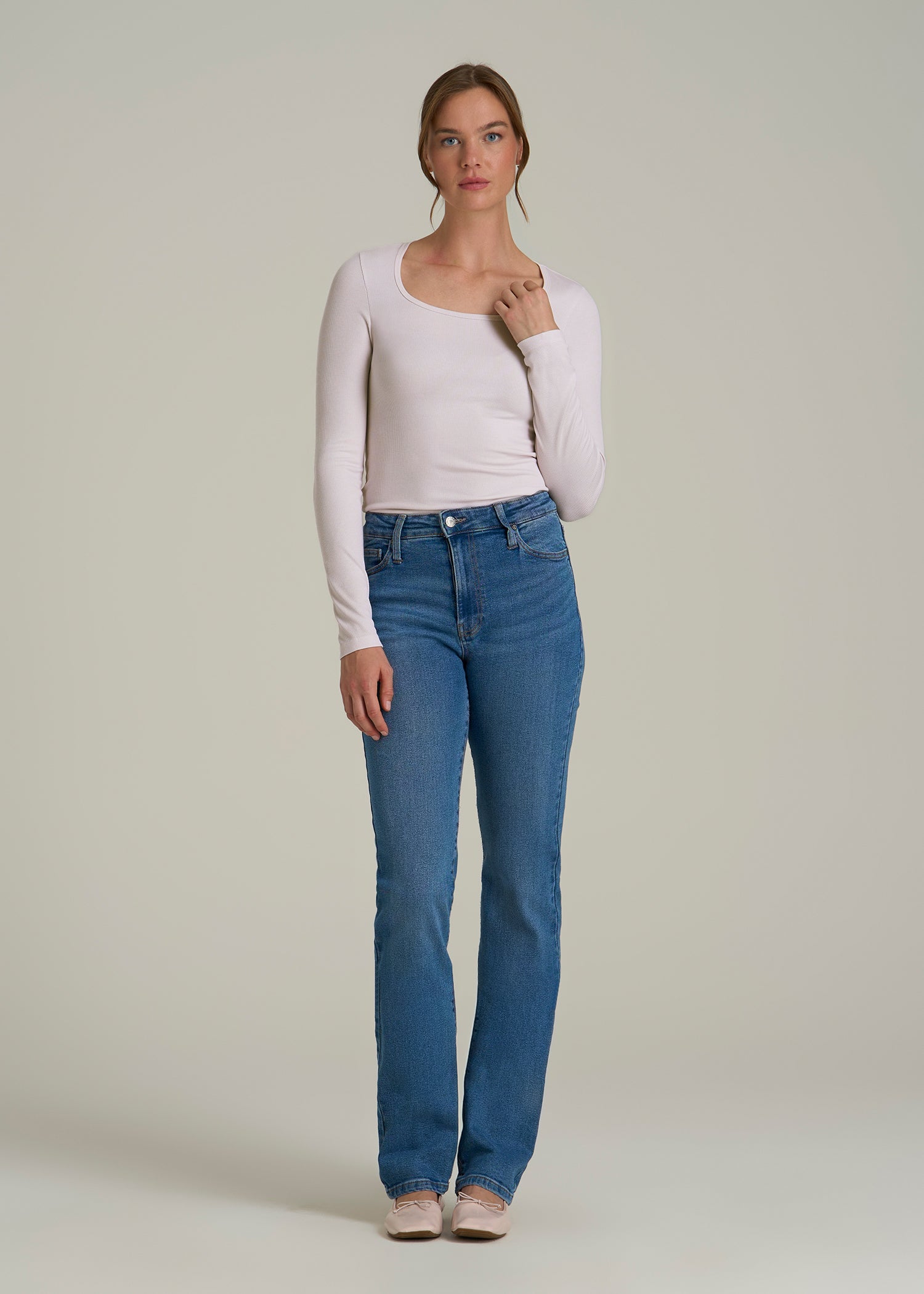 Long Sleeve Ribbed Square Neck Top for Tall Women in Grey Lilac