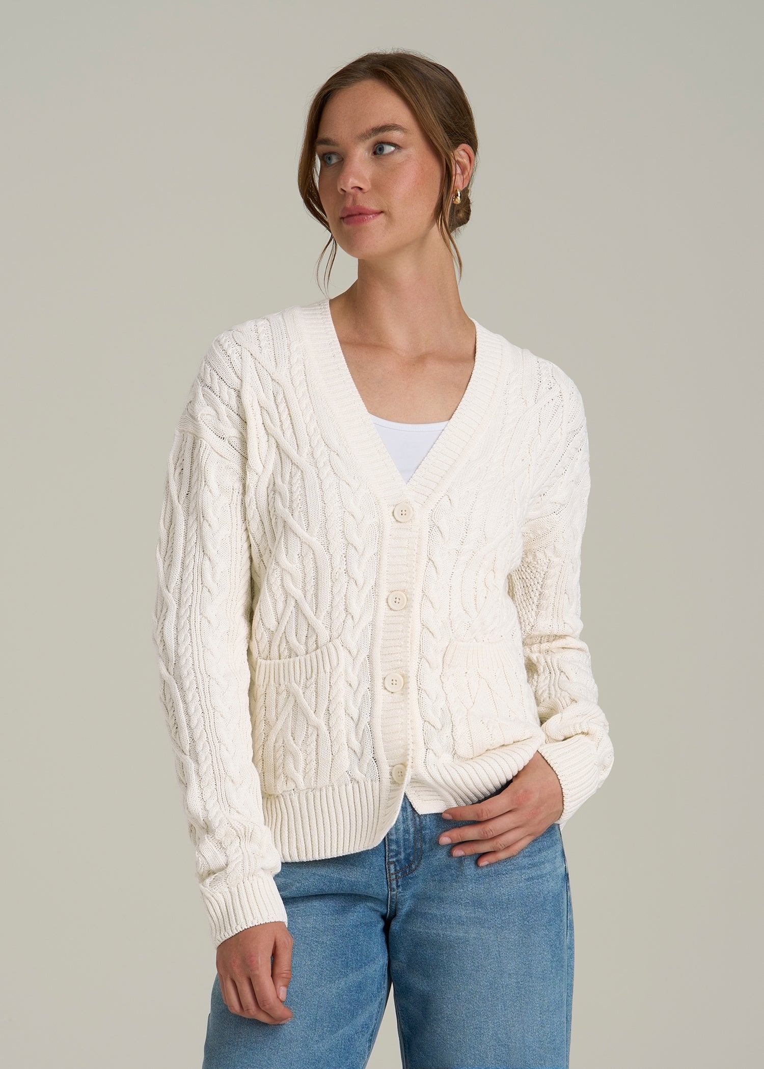 Relaxed Cotton Cable Knit Cardigan for Tall Women in Ecru