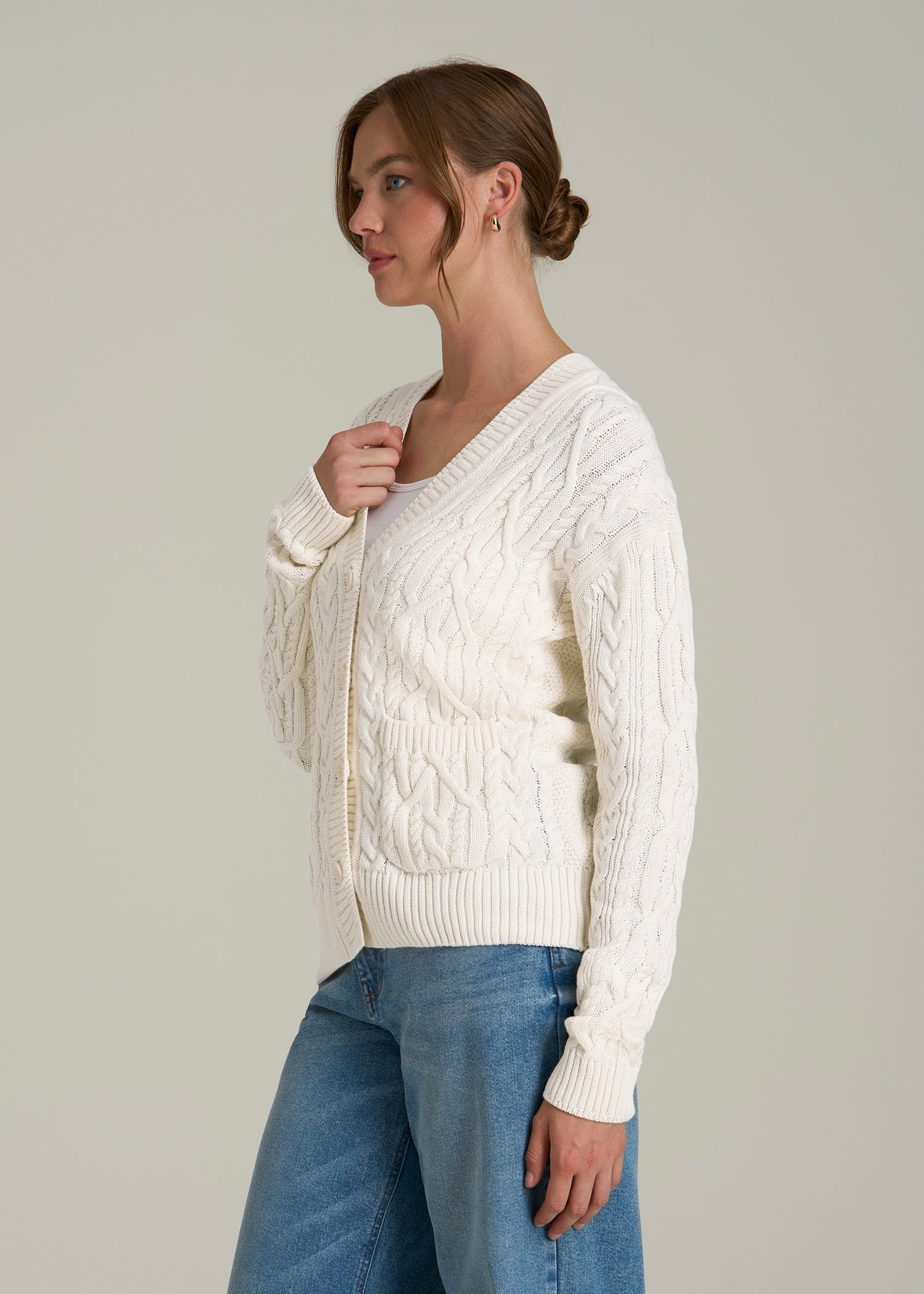 Relaxed Cotton Cable Knit Cardigan for Tall Women in Ecru