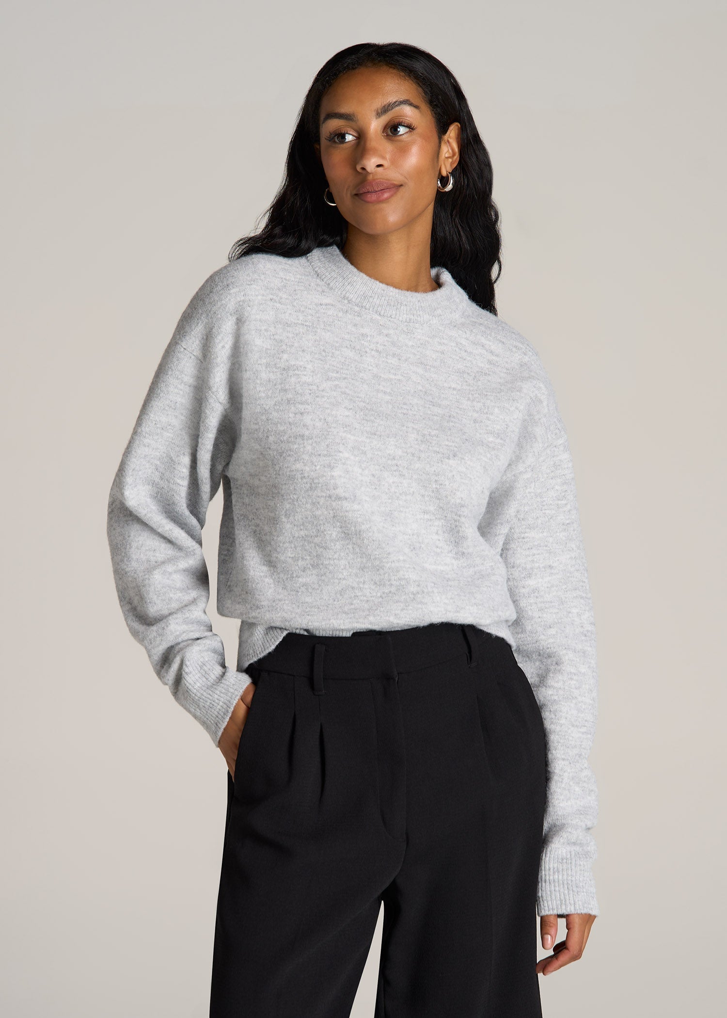 Relaxed Crewneck Wool Blend Sweater for Tall Women in Grey Mix
