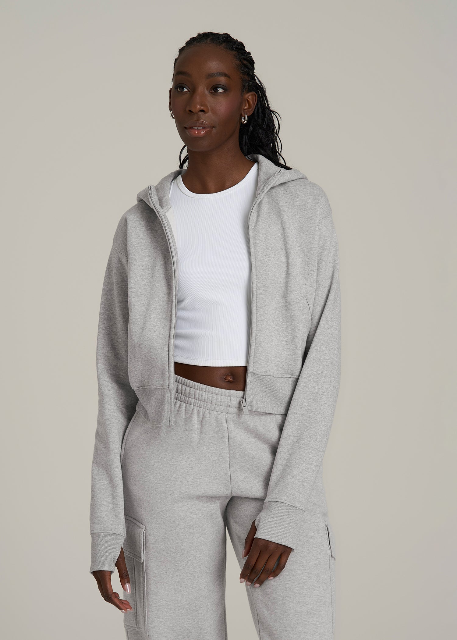 Wearever Fleece Cropped Zip-Up Hoodie for Tall Women in Grey Mix