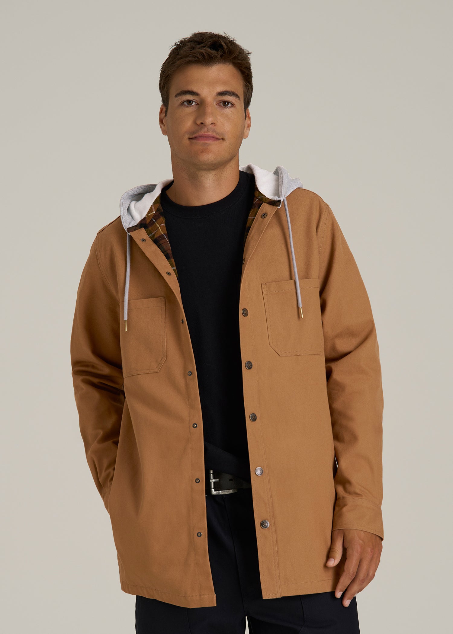 LJ&S Flannel-Lined Canvas Shirt Jacket for Tall Men in Vintage Tan